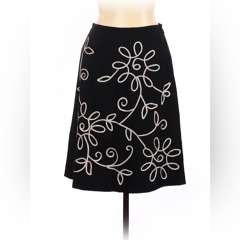 Black & Yellow Ribbon Floral Wool Midi Knee-Length Modest Fit & Flare Skirt Sz 6 - Picture 15 of 16